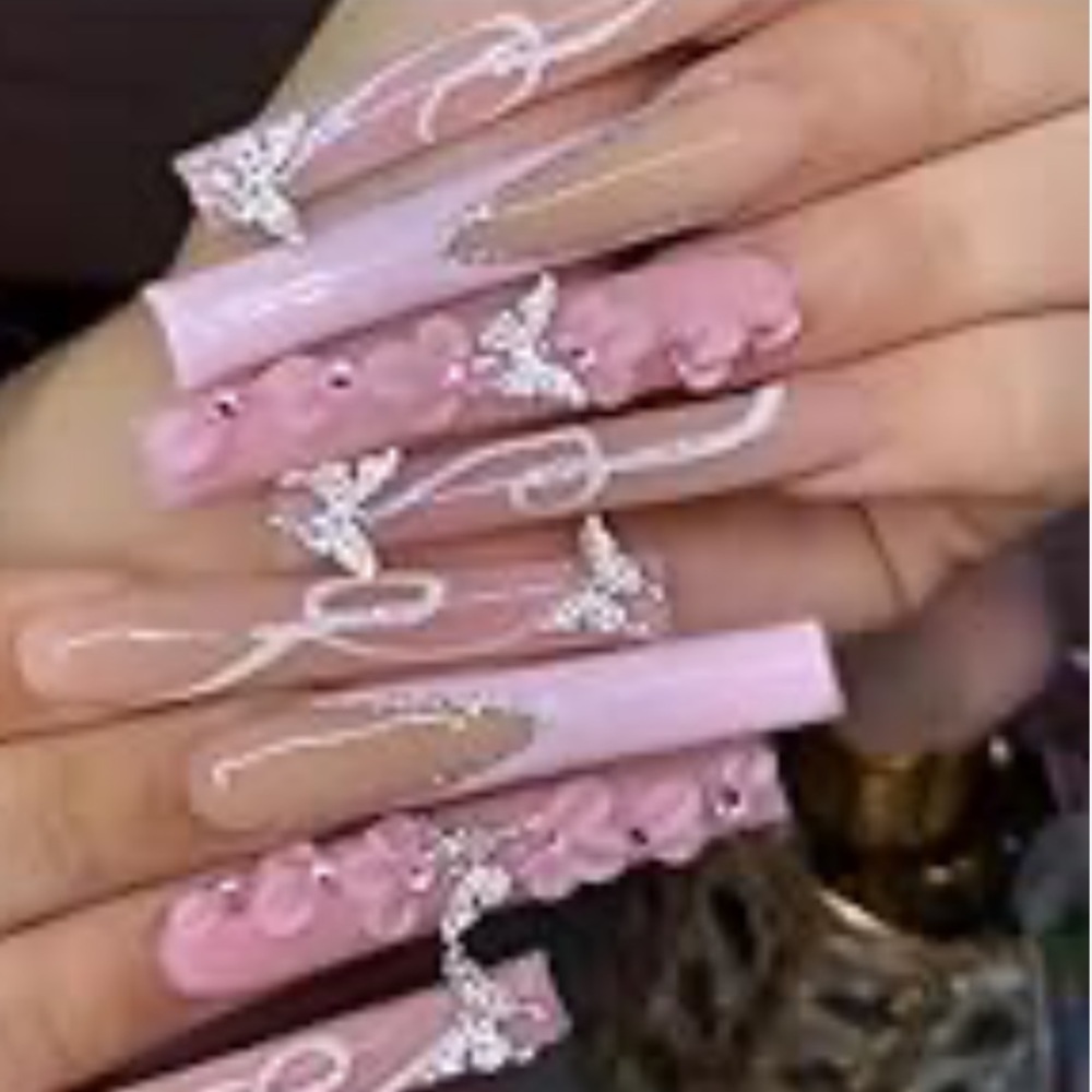Pink French 24 Tip Press On Nails - Medium Almond Flowers Design Glue Press Ons
